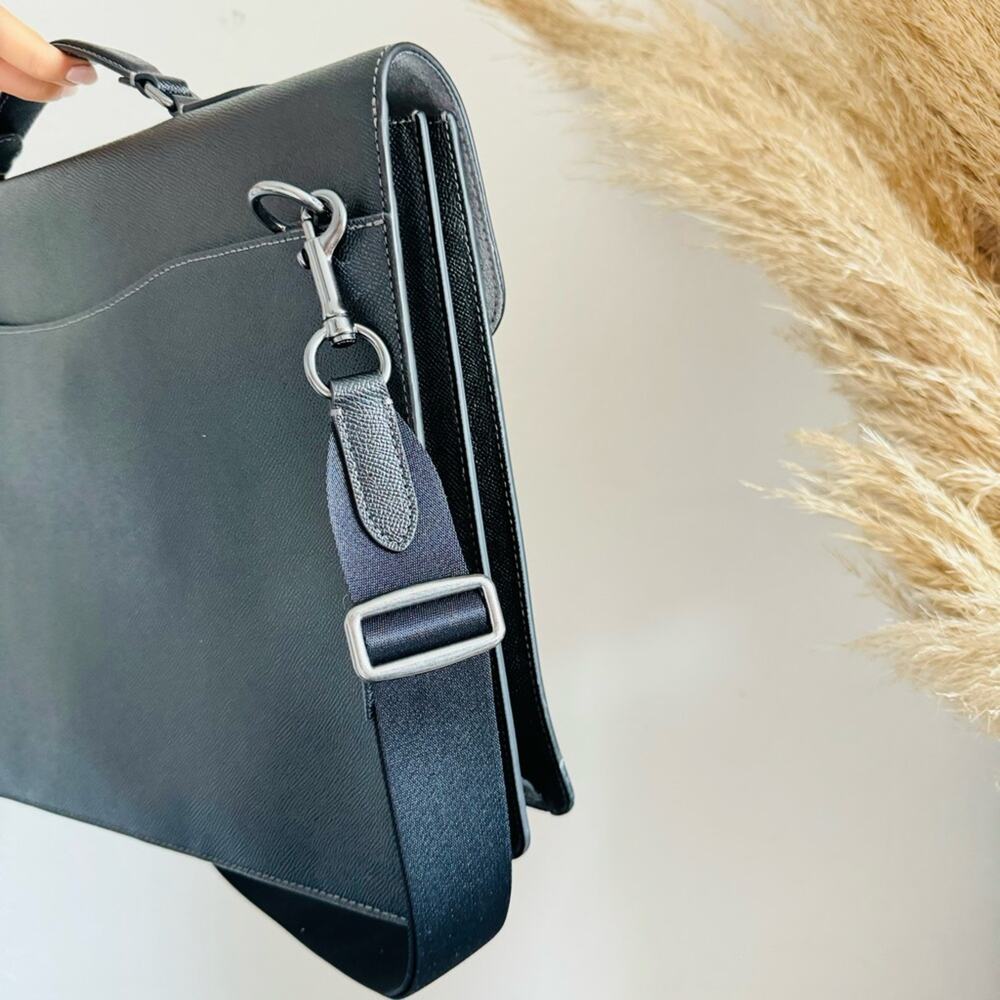COACH Graham Flap Brief Black Leather Travel Shoulder Bag Briefcase Suede Lined - Picture 13 of 15